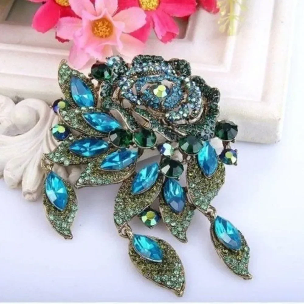Yellow Gold with Blue and Green Austrian Crystal Rose Flower Leaf Brooch